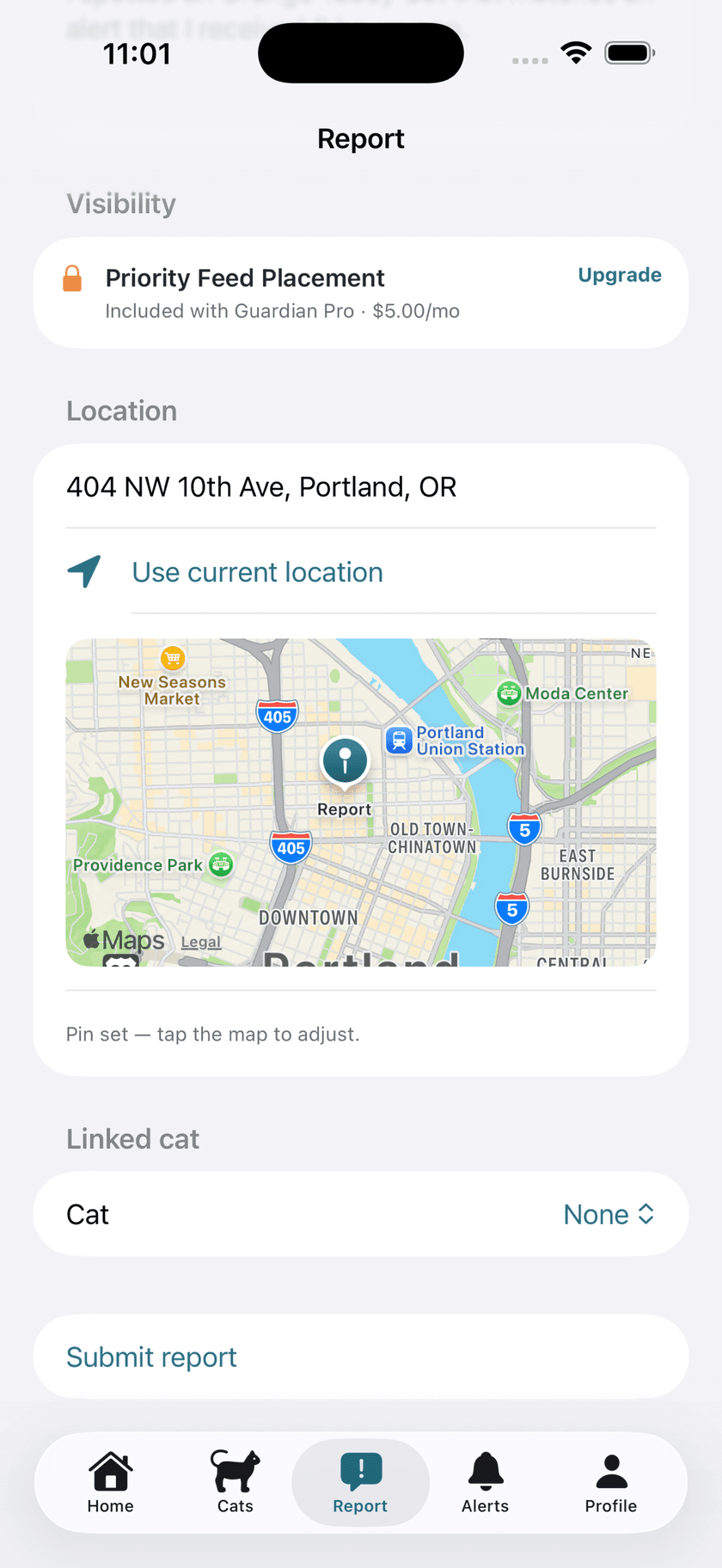 PurrConnect iPhone report screen with a map pin in Portland, from the App Store listing.