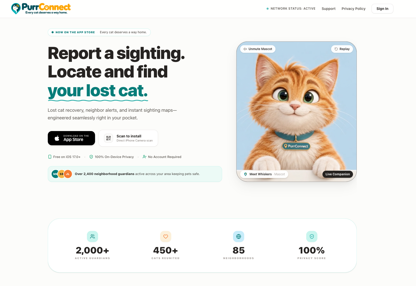 PurrConnect marketing homepage with the headline Report a sighting. Locate and find your lost cat.