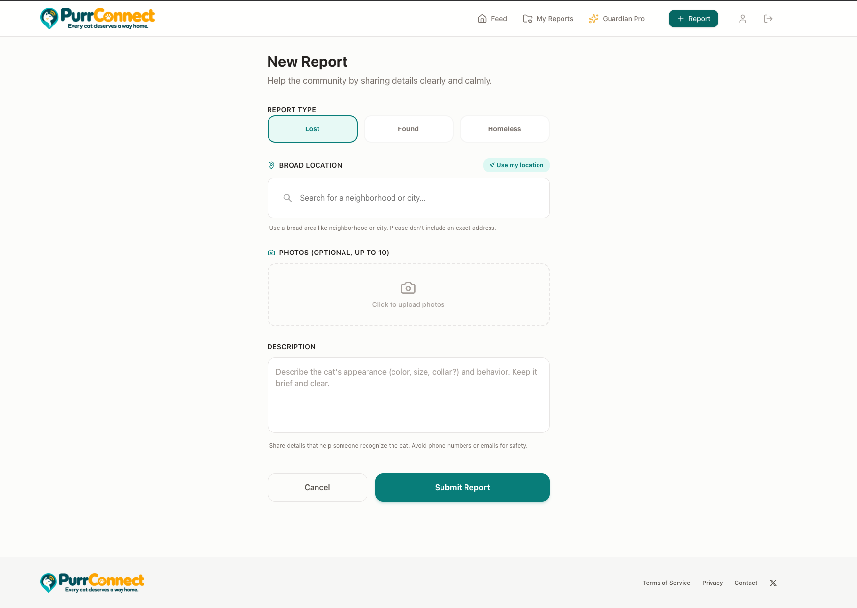 PurrConnect New Report page with Lost selected, neighborhood search, photo upload, and a description field.